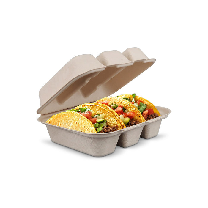 Eco-Craze - Taco - Bagasse Hinged Container - 3 COMPARTMENT