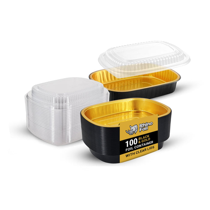 Rhino-Foil - Small (26oz) Black & Gold Foil Cont. w/ Clear Dome Lid