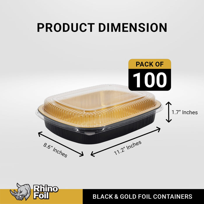 Rhino-Foil - Large (64oz) Black & Gold Foil Cont. w/ Clear Dome Lid