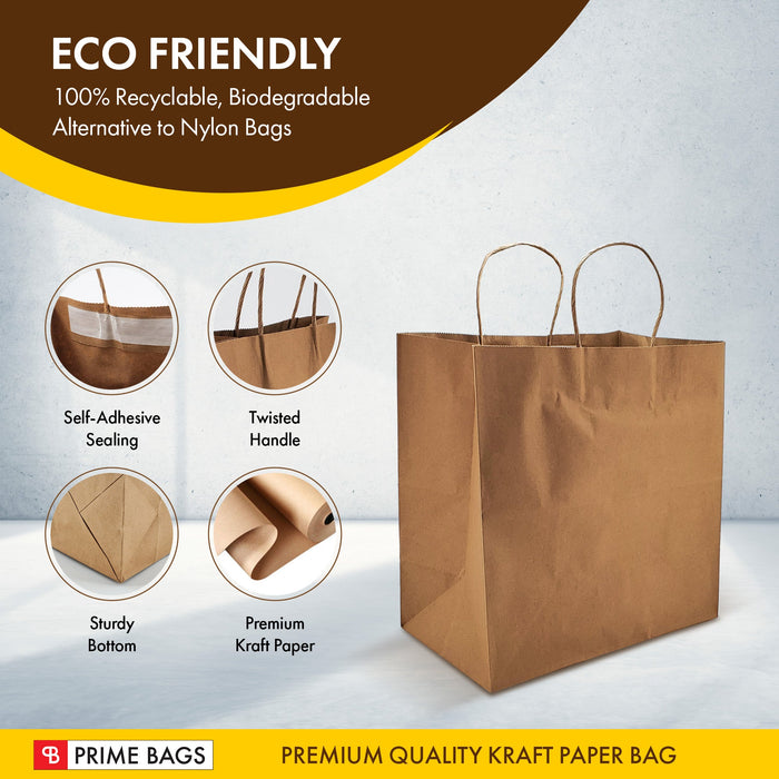 Prime Bags - Delta - Self Adhesive Paper Bags with Twisted Handles - 13x7x13