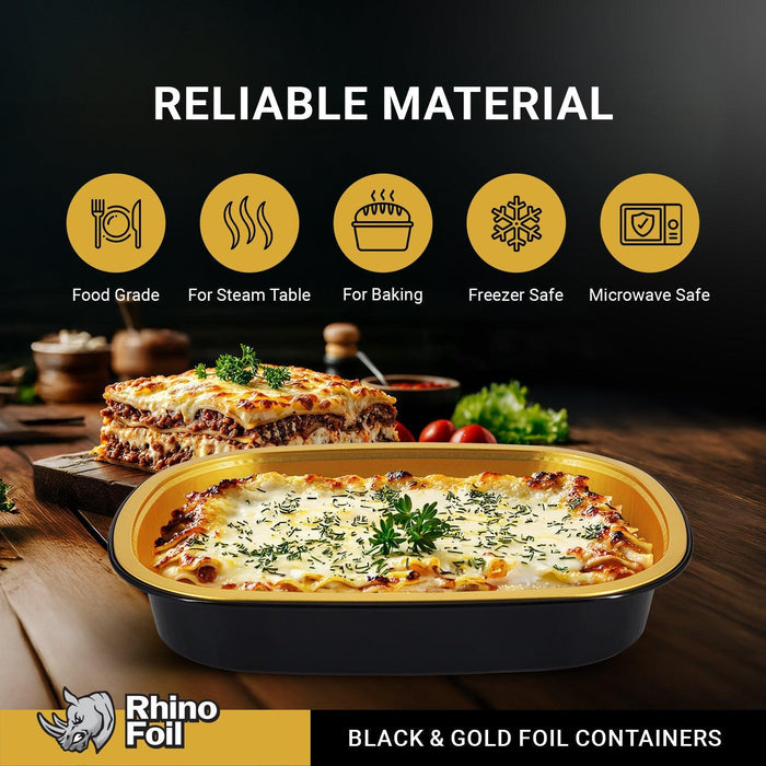 Rhino-Foil - Medium (53oz) Black & Gold Foil Cont. w/ Clear Dome Lid