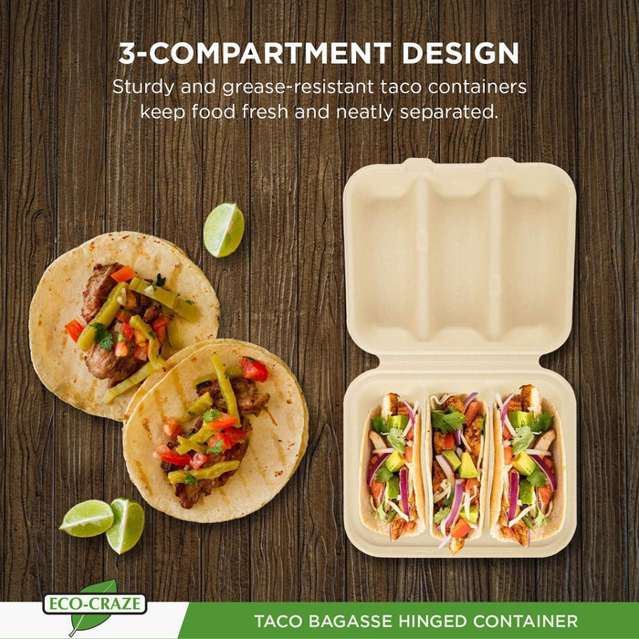 Eco-Craze - Taco - Bagasse Hinged Container - 3 COMPARTMENT