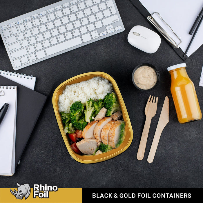 Rhino-Foil - Medium (53oz) Black & Gold Foil Cont. w/ Clear Dome Lid