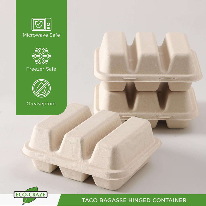 Eco-Craze - Taco - Bagasse Hinged Container - 3 COMPARTMENT
