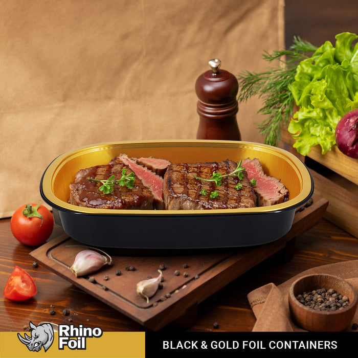 Rhino-Foil - Small (26oz) Black & Gold Foil Cont. w/ Clear Dome Lid