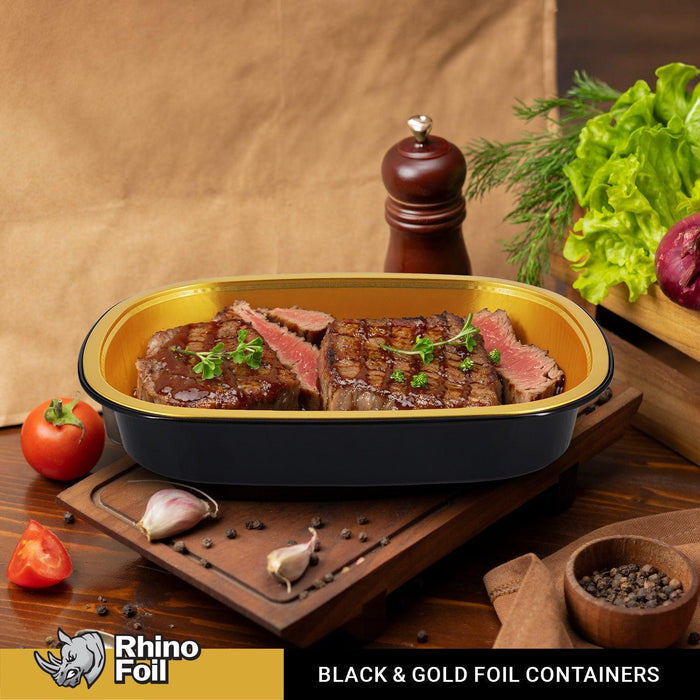 Rhino-Foil - Small (26oz) Black & Gold Foil Cont. w/ Clear Dome Lid