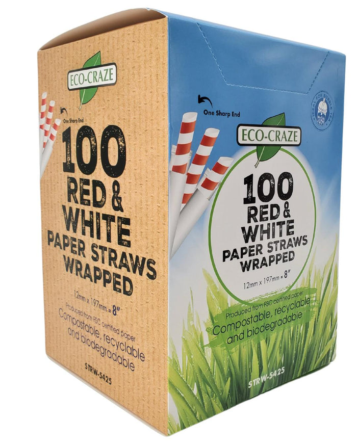 Eco-Craze Paper Straws - Red and White, 12mmx8