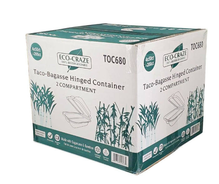 Eco-Craze - Taco - Bagasse Hinged Container - 2 COMPARTMENT