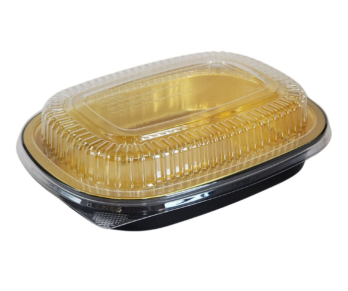 Rhino-Foil - Small (26oz) Black & Gold Foil Cont. w/ Clear Dome Lid