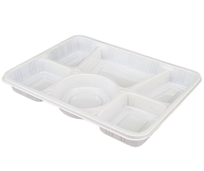 SO - Plastic Tray (Thali) - 6 Compartment - White