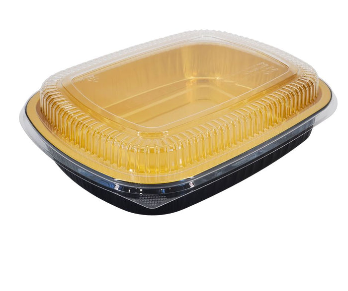 Rhino-Foil - Large (64oz) Black & Gold Foil Cont. w/ Clear Dome Lid