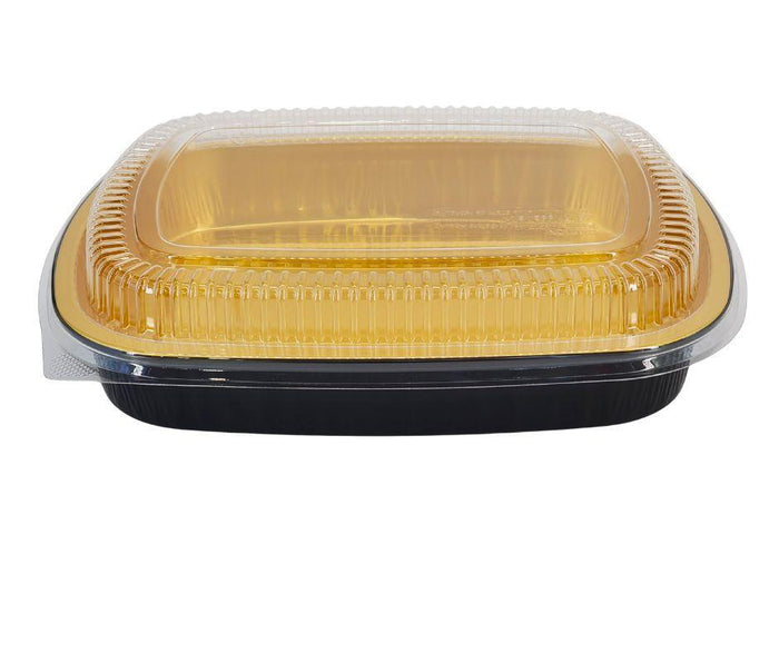 Rhino-Foil - Large (64oz) Black & Gold Foil Cont. w/ Clear Dome Lid