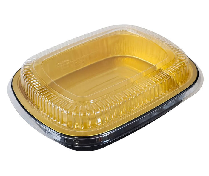 Rhino-Foil - Medium (53oz) Black & Gold Foil Cont. w/ Clear Dome Lid