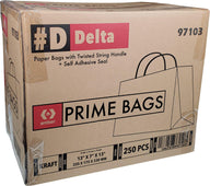 Delta Prime Bags Self-Adhesive Paper Bags with Twisted Handles - 13x7x13, 250 Pack, Kraft Delta Prime Bags Self-Adhesive Paper Bags with Twisted Handles - 13x7x13, 250 Pack, Kraft
