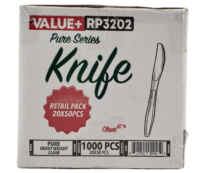 Value+ - Heavy - Plastic Knives - Clear - Retail Pack - RP3202