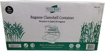 Eco-Craze - Bagasse Clamshell Hinged Container - 9X9 - 3 Compartment Eco-Craze - Bagasse Clamshell Hinged Container - 9X9 - 3 Compartment