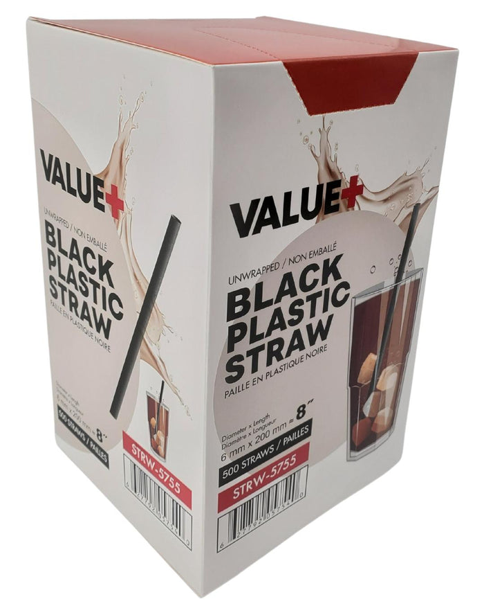 Value+ - 8'' - Black Plastic Straw - 6 mm