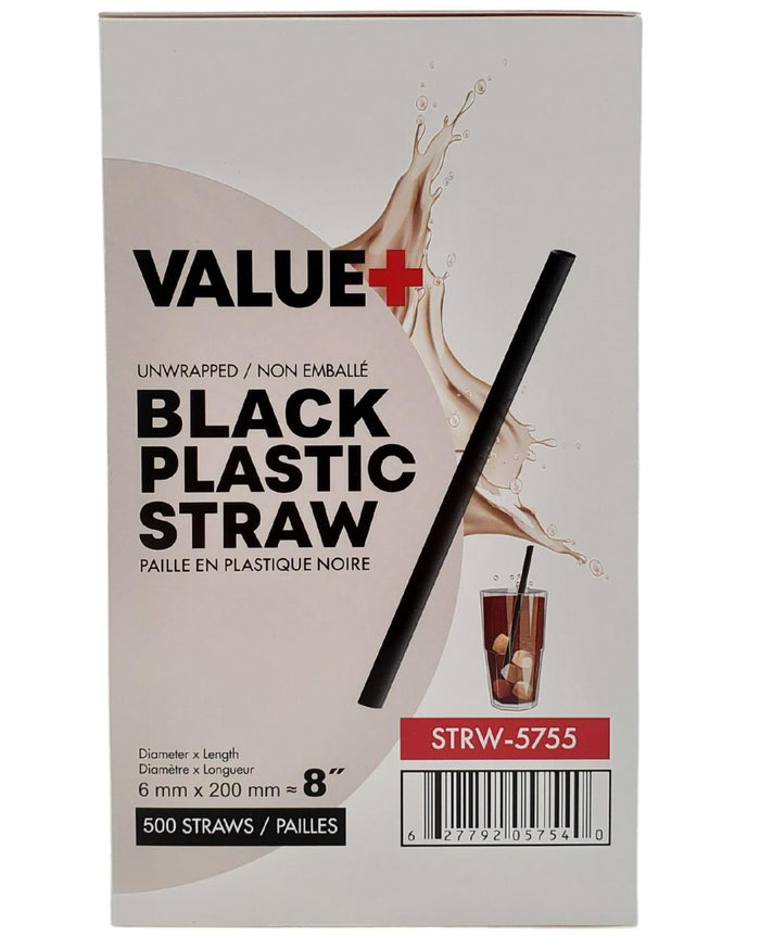 Value+ - 8'' - Black Plastic Straw - 6 mm
