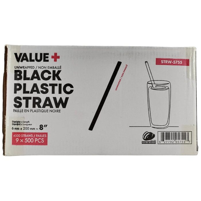 Value+ - 8'' - Black Plastic Straw - 6 mm