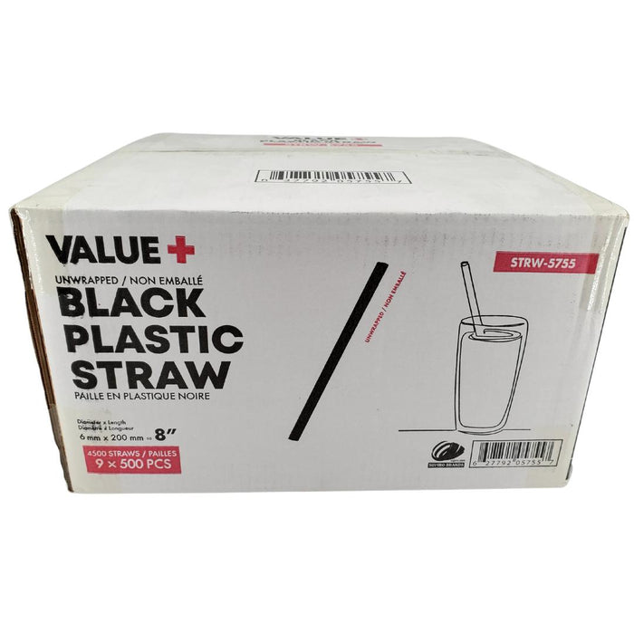 Value+ - 8'' - Black Plastic Straw - 6 mm