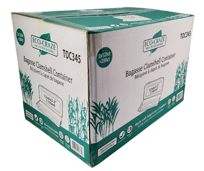 Eco-Craze - 12x6x2.3 Bagasse Clamshell Container - 1100ml