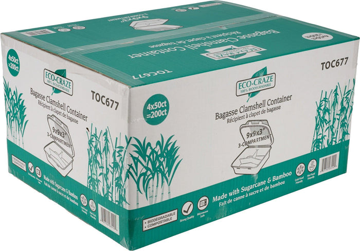 Eco-Craze - Bagasse Clamshell Hinged Container - 9X9 - 3 Compartment