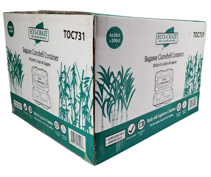 Eco-Craze - Bagasse Clamshell Container - 9X6 - 2 Comp