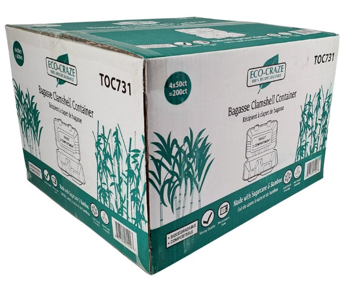 Eco-Craze - Bagasse Clamshell Container - 9X6 - 2 Comp