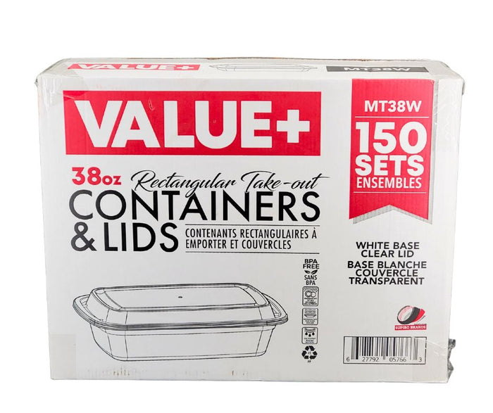 Value+ - 38oz Rectangular White Plastic Container