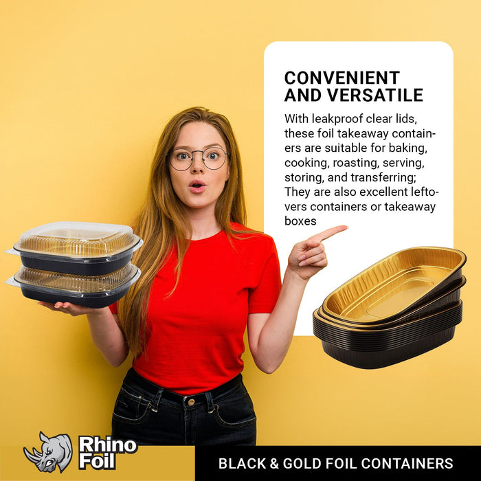Rhino-Foil - Small (26oz) Black & Gold Foil Cont. w/ Clear Dome Lid