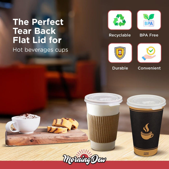 Morning Dew - Tear Back Flat Lid for 10-24 oz Hot Paper Cups - White - 10F-W
