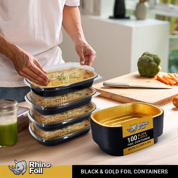 Rhino-Foil - Small (26oz) Black & Gold Foil Cont. w/ Clear Dome Lid