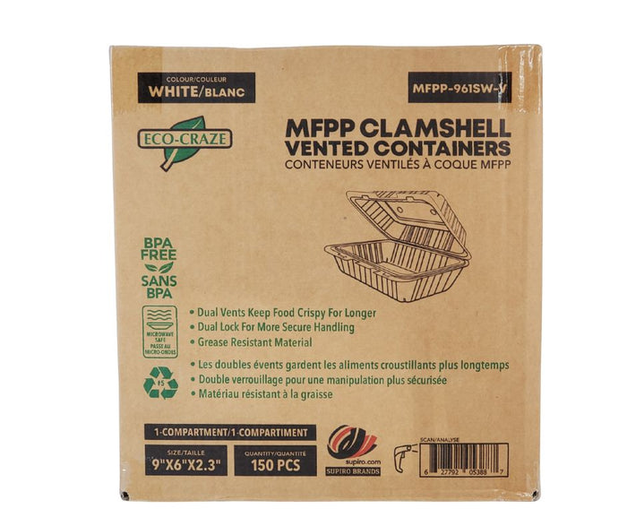 Eco-Craze - MFPP Clamshell Container - 9x6x2.6 - Double Lock - Vented - White
