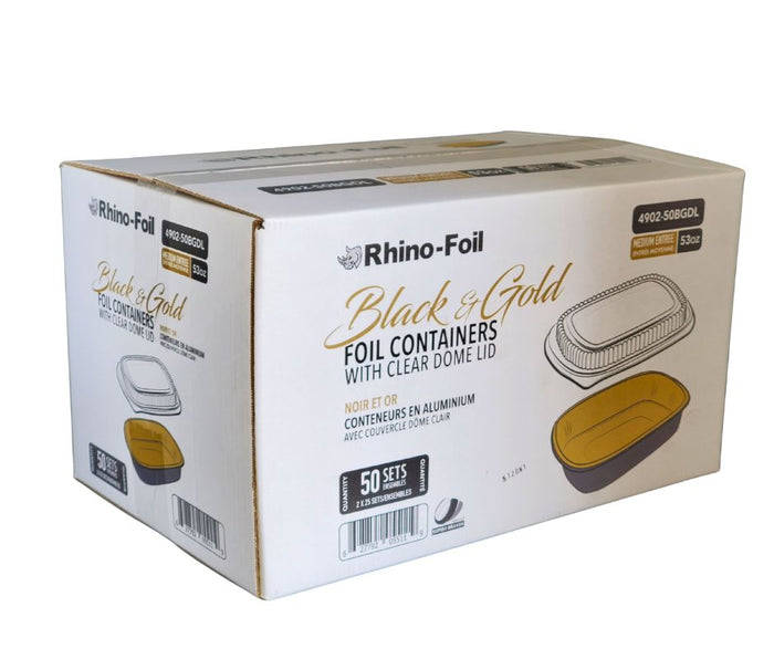 Rhino-Foil - Medium (53oz) Black & Gold Foil Cont. w/ Clear Dome Lid