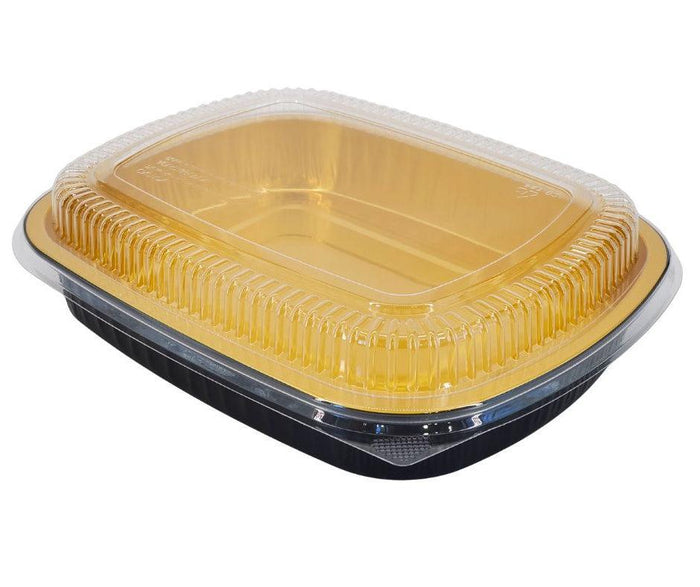 Rhino-Foil - Large (64oz) Black & Gold Foil Cont. w/ Clear Dome Lid