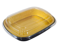 Rhino-Foil - Medium (53oz) Black & Gold Foil Cont. w/ Clear Dome Lid