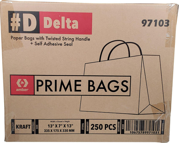 Delta Prime Bags Self-Adhesive Paper Bags with Twisted Handles - 13x7x13, 250 Pack, Kraft
