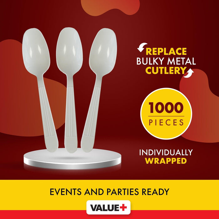 Value+ - Heavy - Plastic Tea Spoons - White - Ind. Wrapped - WP2003