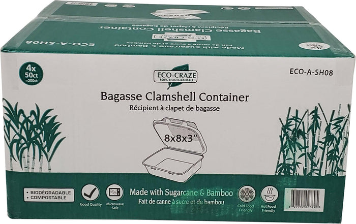 Eco-Craze - 8X8X3 - 3 Compartment Bagasse Clamshell