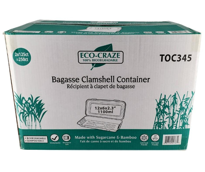 Eco-Craze - 12x6x2.3 Bagasse Clamshell Container - 1100ml