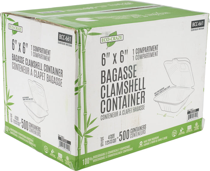 Eco-Craze - 6x6 Bagasse Clamshell Container