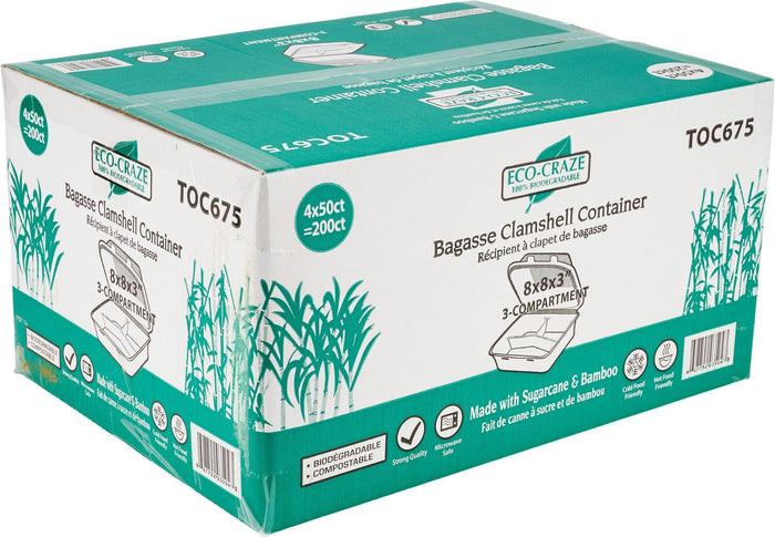 Eco-Craze - 8X8X3 - 3 Compartment Bagasse Clamshell