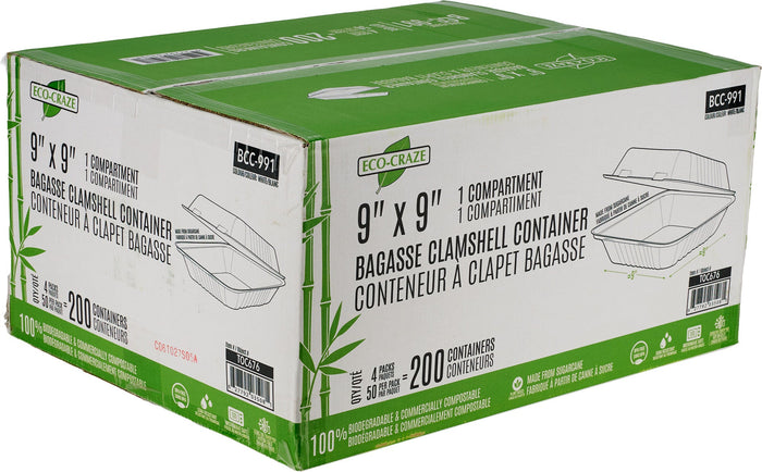 Eco-Craze - 9X9 Bagasse Clamshell Container