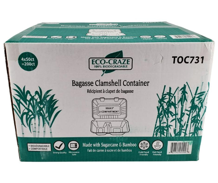 Eco-Craze - Bagasse Clamshell Container - 9X6 - 2 Comp