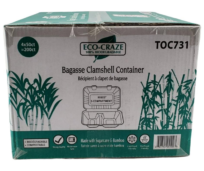 Eco-Craze - Bagasse Clamshell Container - 9X6 - 2 Comp