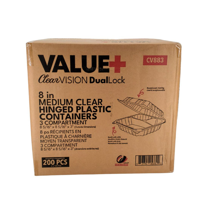 CLR - Value+ - Dual Lock - 8 in Medium Clear Hinged Containers - 3 Comp - CV883